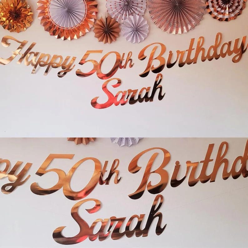 Personalized Silver Glitter Birthday Banner: Custom Name & Age Rose gold