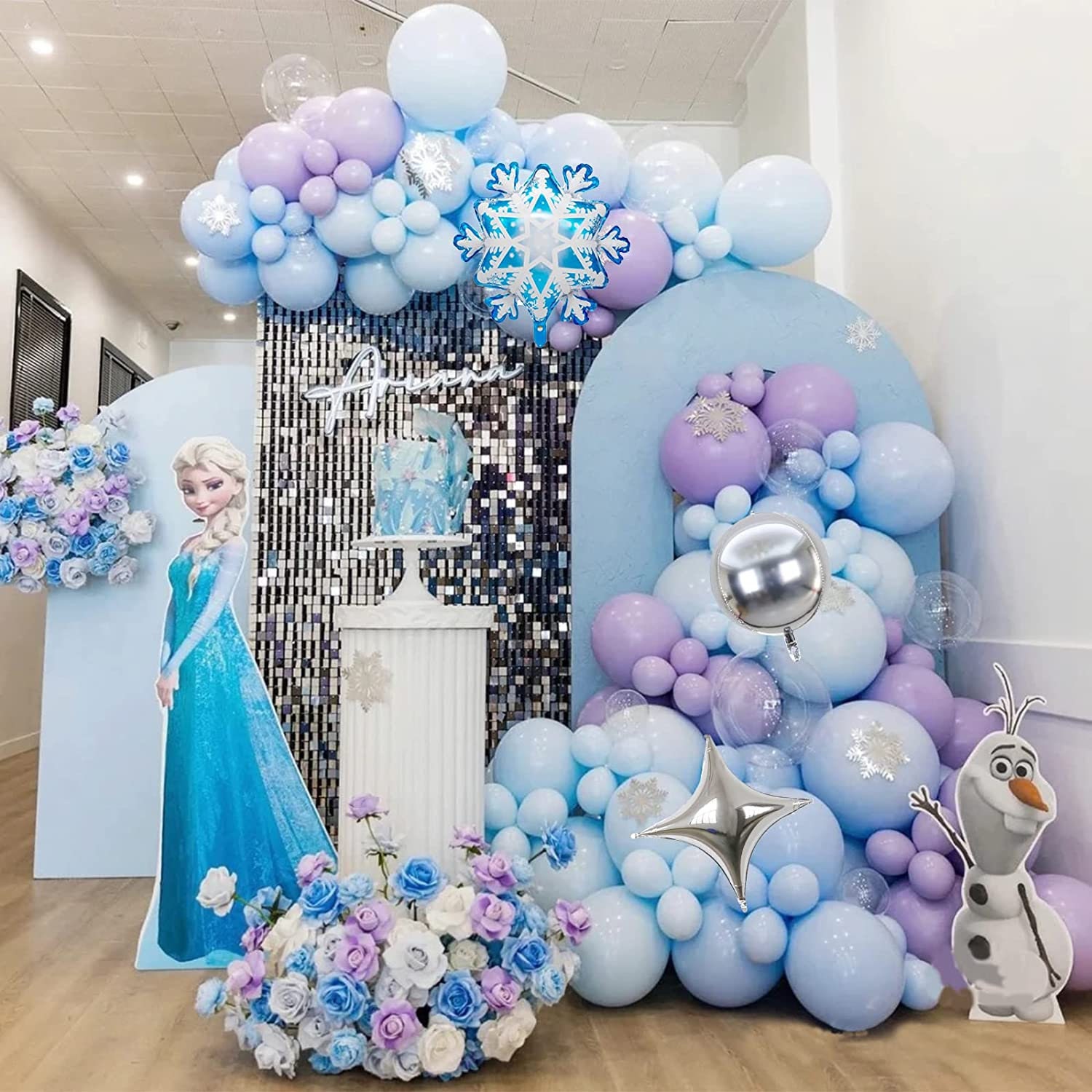 DIY Frozen Balloon Garland Arch, Frozen Birthday Party, Winter Baby Shower,  Blue Silver Purple Snowflake Balloon Decor for Christmas Party 