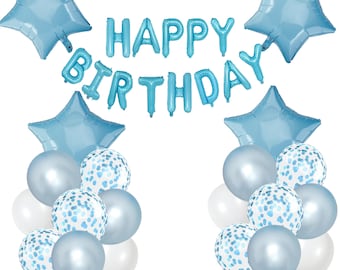 Blue Birthday Balloon Set: Foil Happy Birthday, Heart, Confetti Balloons