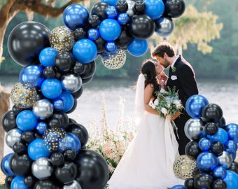Guirlande de ballons de fête en latex bleu, noir et argent avec ballons de confettis dorés, ballon métallique pour anniversaires, baby shower, mariages d'été
