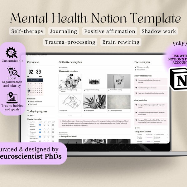 Notion Template Mental Health Exercises Shadow Work Journal ADHD journal Self Esteem PTSD Trauma Worksheets 2024