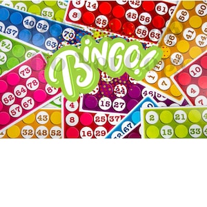 May include: A close-up of several colorful bingo cards with numbers printed on them. The cards are arranged in a random pattern and the word "BINGO!" is written in large green letters in the center of the image.