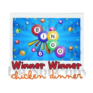 May include: A colorful bingo card with the letters B-I-N-G-O in a circle. The card is surrounded by confetti and the words "Winner Winner chicken dinner" are written below the card.