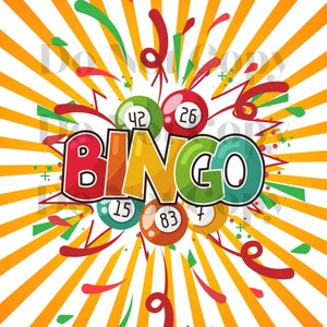 May include: A colorful illustration of the word "BINGO" with a red, yellow, green, and blue color scheme. There are six bingo balls with numbers 42, 26, 15, 83, 7, and 1. The background is a white and orange striped pattern with red, green, and yellow confetti.
