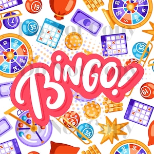 May include: A colorful, repeating pattern featuring bingo-themed elements. The design includes bingo balls, cards, spinning wheels, and the word "Bingo" in a bold, red font. The background is white with small, dotted accents.