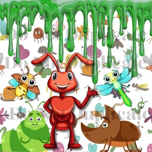 Può includere: Una formica rossa con un grande sorriso si trova davanti a una sostanza verde appiccicosa che cola dalla parte superiore dell'immagine. La formica è circondata da vari insetti, tra cui un'ape gialla, un bruco verde, uno scarabeo marrone e una libellula blu.