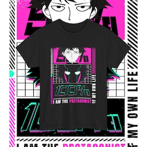 May include: Black t-shirt featuring a graphic print of an anime character with the text "I am the protagonist of my own life" and "100%" in a pixelated font.