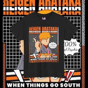 May include: Black t-shirt featuring a graphic of a character from the anime Mob Psycho 100. The graphic depicts the character Reigen Arataka with the text "100% Real Psychic" and "When things go south it's okay to run away".