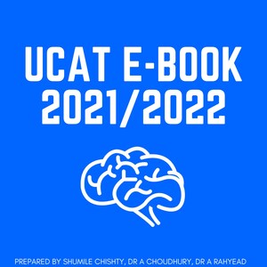 以下が含まれることがあります： 「UCAT E-BOOK 2021/2022」という白い文字が書かれた青いポスター。テキストの下には、脳の白いアウトラインがあります。「PREPARED BY SHUMILE CHISHTY, DR A CHOUDHURY, DR A RAHYEAD REVIEWED BY SEVERAL HIGH SCORING UCAT PERFORMERS」というテキストが脳の下にあります。ポスターの下部には、「SCRUBBED IN」と「MEDIC HERO」の2つのロゴがあります。