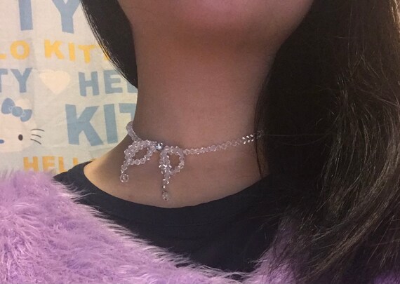 White Crystals Bow Adjustable Choker 