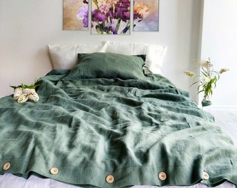 Linen bedding set, duvet cover set, linen bedding in green color, stonewashed linen bedding, duvet cover + 2 pillowcases