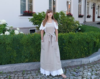 Linen Maxi Apron, Cottagecore Pinafore with Pockets