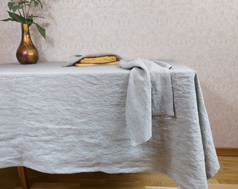 Linen Striped tablecloth, Natural linen tablecloth,Stonewashed linen tablecloth Green Striped linen tablecloth Blue Striped linen tablecloth