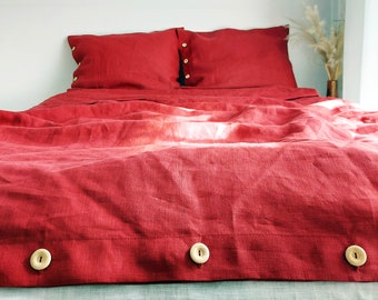 Linen bedding set, Zip closure, Wooden button, Red linen bedding, Natural linen bedding, Ecru linen bedding, duvet cover + 2 pillowcases