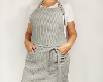 Linen apron, Apron with 2 pockets, Linen apron for Men, Linen apron for Women, Striped apron, Apron for cooking, Apron for gastronomy