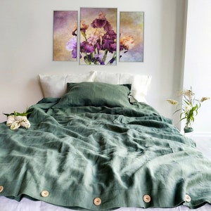 Linen bedding set, duvet cover set, linen bedding in green color, stonewashed linen bedding, duvet cover 2 pillowcases zdjęcie 1