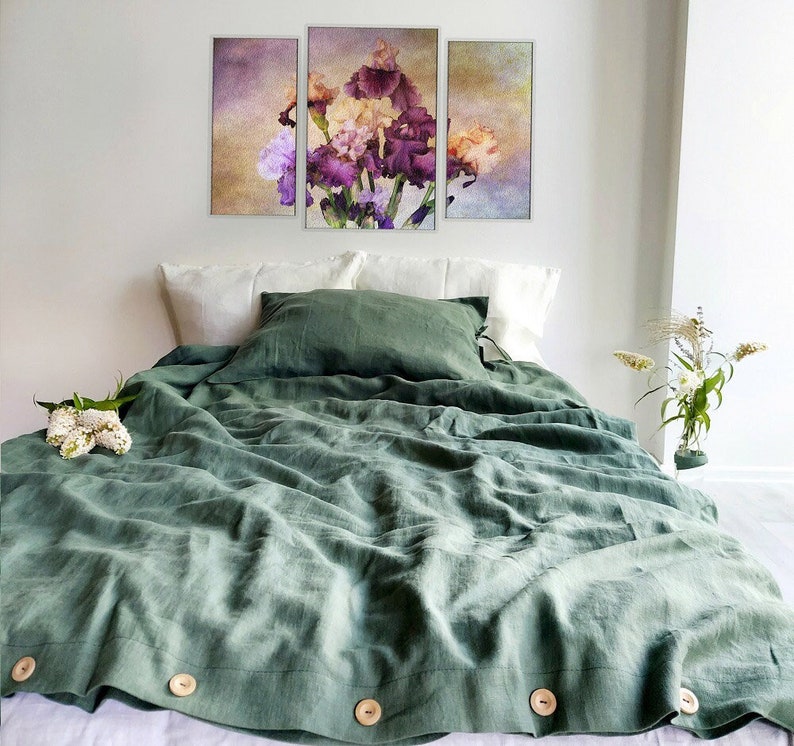 Linen bedding set, duvet cover set, linen bedding in green color, stonewashed linen bedding, duvet cover 2 pillowcases zdjęcie 1