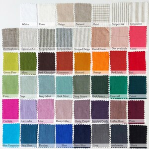 May include: A color chart of 48 fabric swatches in various colors and patterns, including white, beige, green, blue, red, and black. The swatches are arranged in rows and columns, with the names of each color or pattern printed below each swatch.