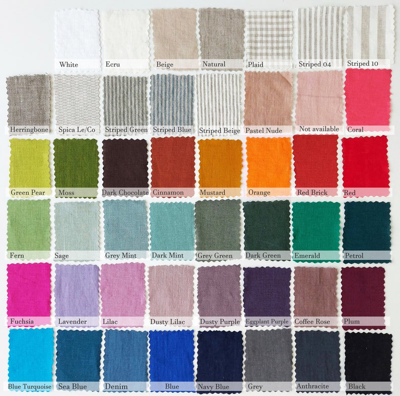 May include: A color chart of 48 fabric swatches in various colors and patterns, including white, beige, green, blue, red, and black. The swatches are arranged in rows and columns, with the names of each color or pattern printed below each swatch.