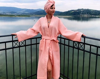 Cotton Bathrobe, Waffle Robe, Women's Cotton Bath Robes, Soft Cotton Robe, Cotton Kimono with Pockets, Bath Wear, Long Robe