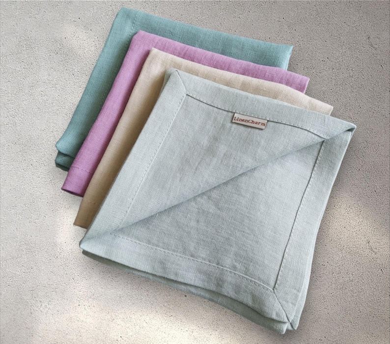 Linen napkins in beige, sage, lilac and dark mint color
