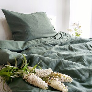 Linen bedding set, duvet cover set, linen bedding in green color, stonewashed linen bedding, duvet cover 2 pillowcases zdjęcie 2