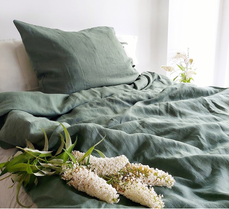 Linen bedding set, duvet cover set, linen bedding in green color, stonewashed linen bedding, duvet cover 2 pillowcases zdjęcie 2