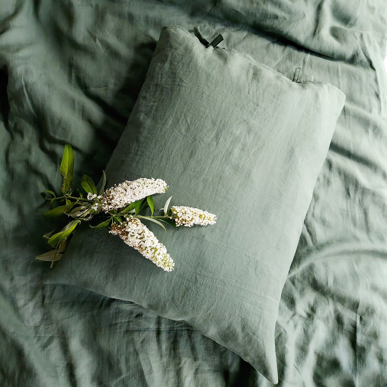 Linen bedding set, duvet cover set, linen bedding in green color, stonewashed linen bedding, duvet cover 2 pillowcases zdjęcie 3