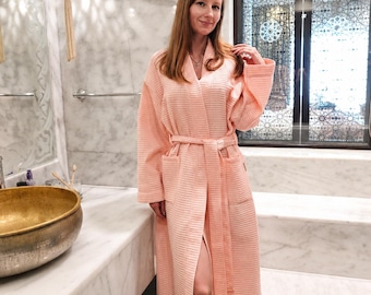 Cotton Waffle Robe, Women's Kimono Bath Wear, Kimono with Pockets