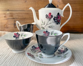 Royal Albert Masquerade Bone China Coffee Pot Set Pieces in Platinum & Black