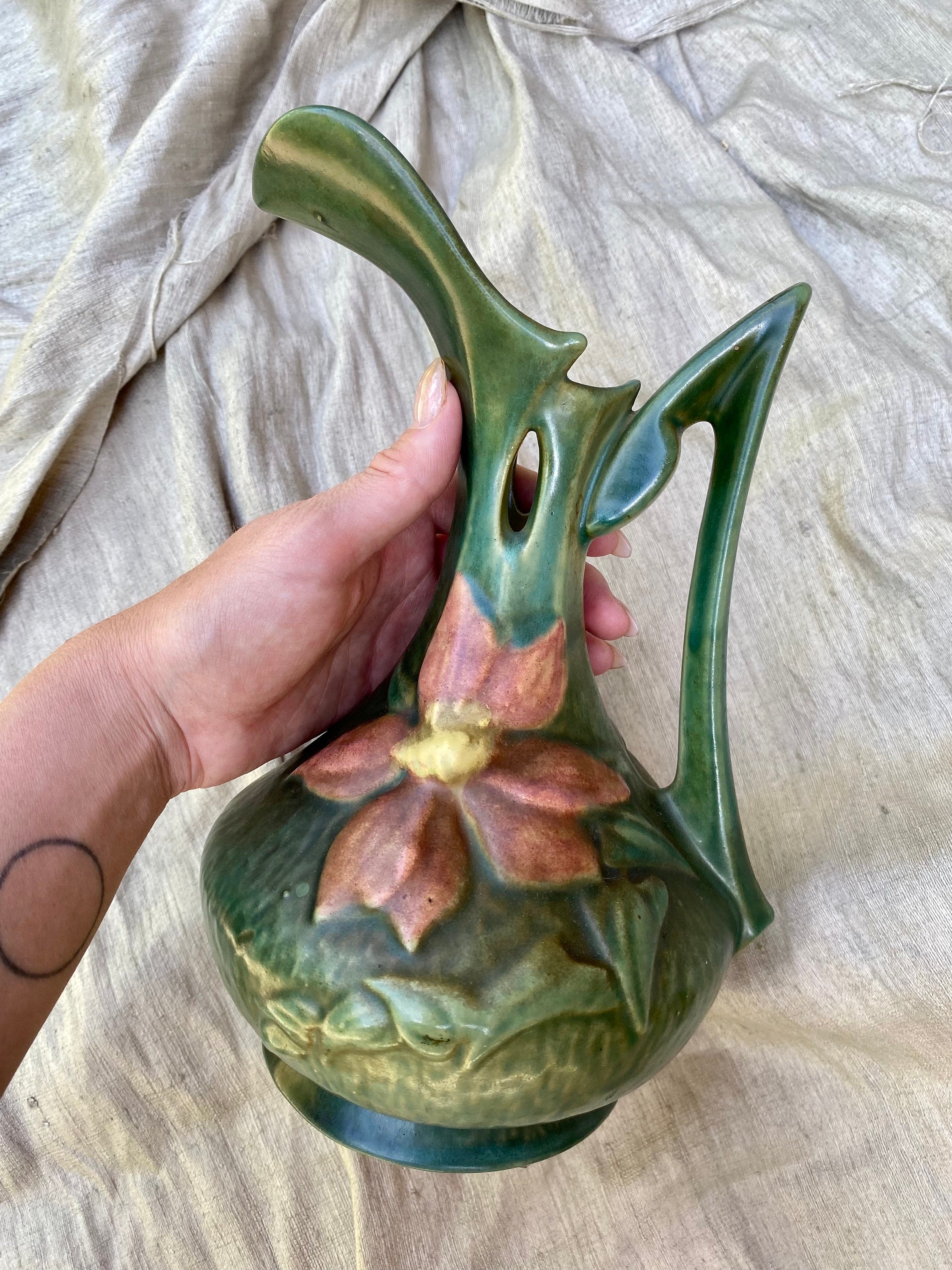 Roseville Pottery Pitcher/ewer With Handle Clematis Green Etsy