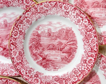 HM Sutherland Red and White Historical Britain Bone China Gold Gilt Plates