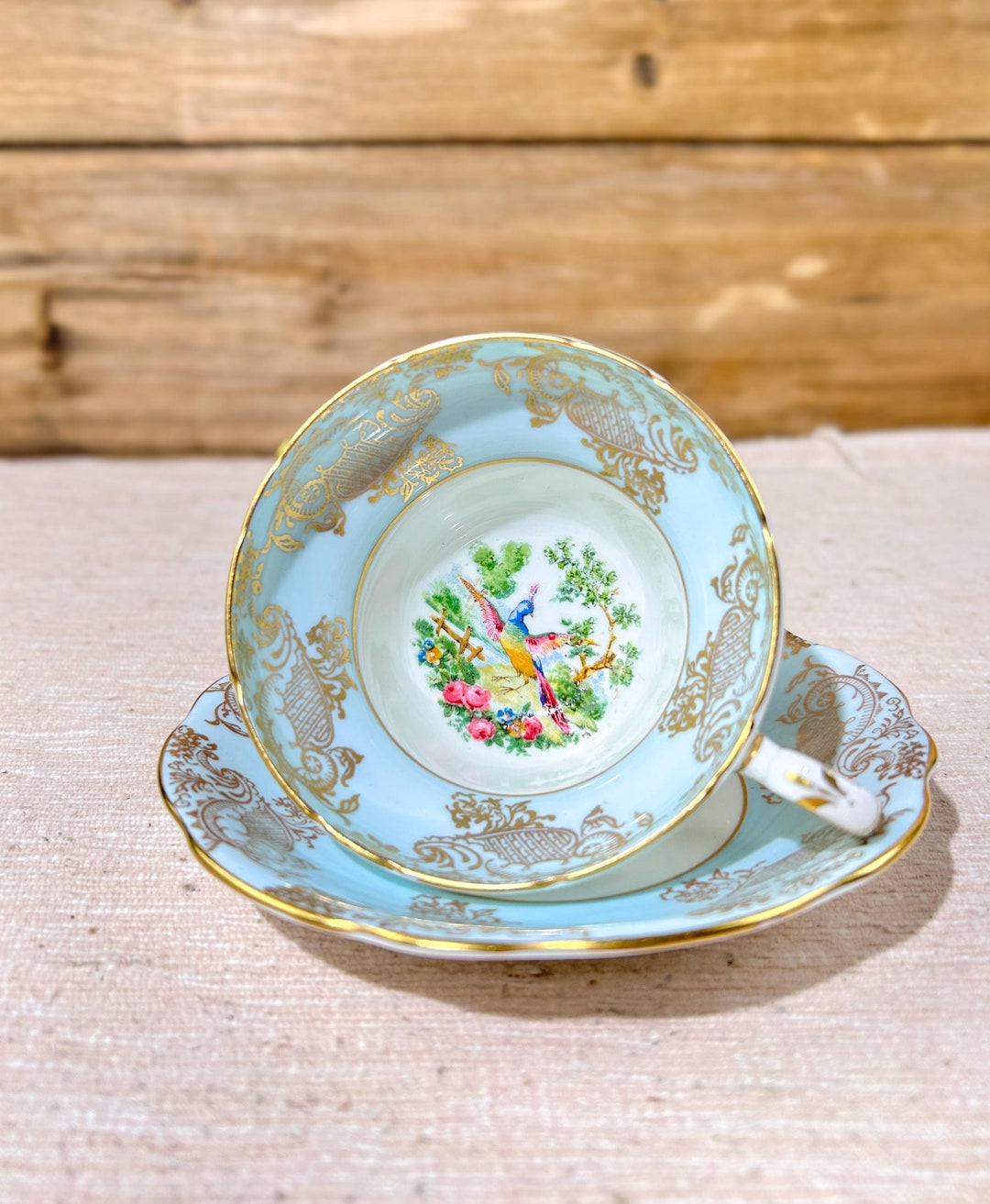 EB Foley Peacock & Blue Gold on White Bone China Tea Cup Saucer Set - Etsy