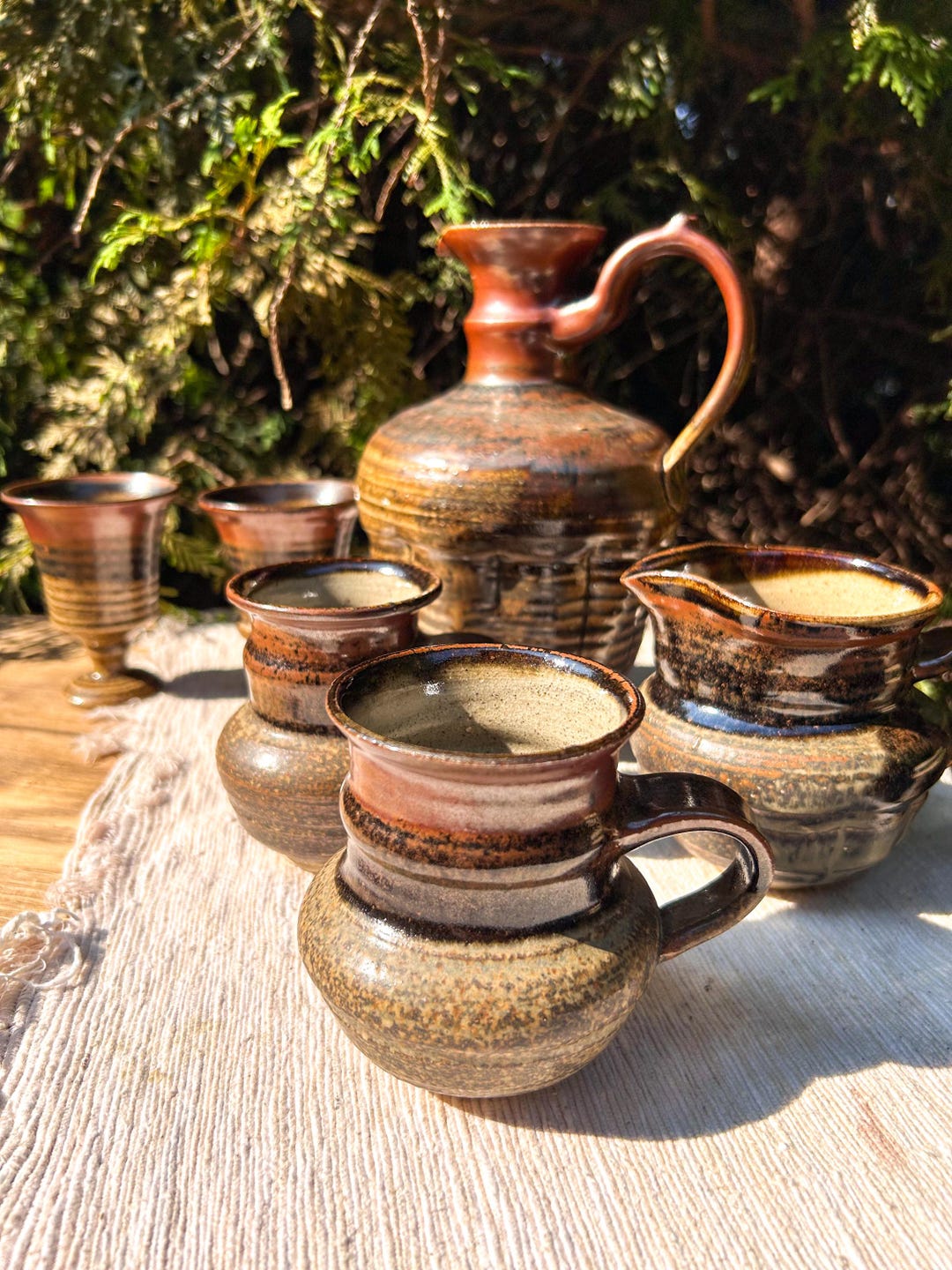 Vintage New Zealand Handmade Pottery Wine Set Mugs & Creamer Greig ...