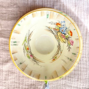 May include: A vintage teacup with a floral design in shades of pink, blue, yellow, and green. The cup has a yellow rim and a delicate floral pattern on the inside.