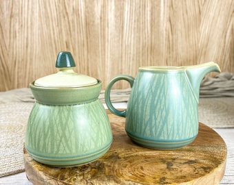 Zuccheriera vintage Denby Langley in gres Calm Mint Celadon Creamer con set di coperchi