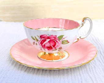 Aynsley Cabbage Rose Pink and Gold Teacup Set