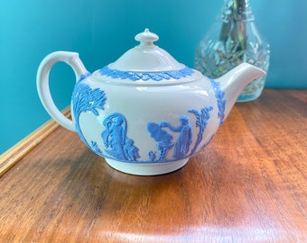 Vintage Wedgwood Embossed Queens Ware Blue Neoclassical Teapot