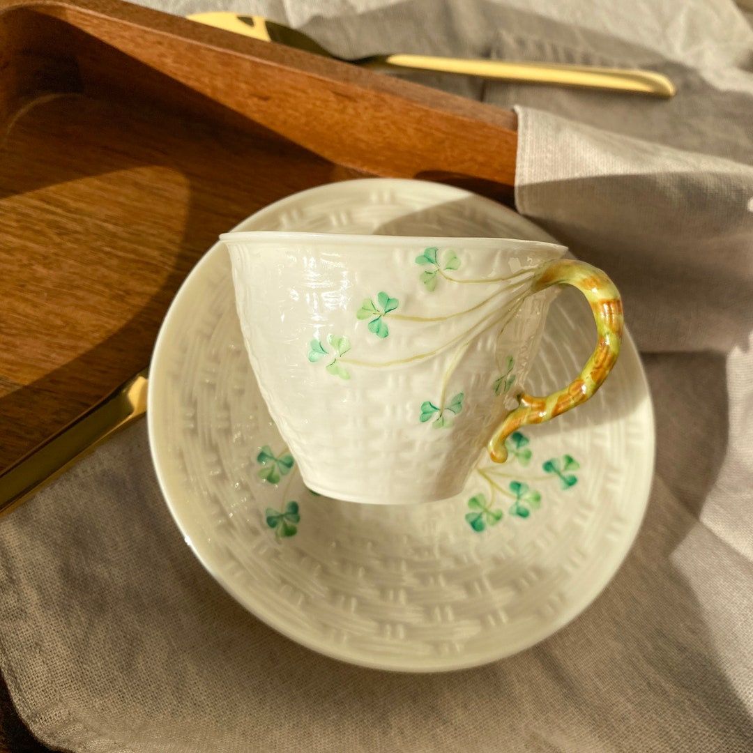 Belleek Hand Painted Shamrock Basketweave Teacup Set Vintage Made in ...