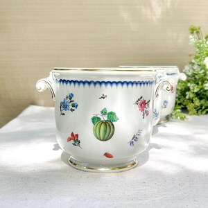 Puede incluir: Un macetero de porcelana blanca con un motivo botánico pintado a mano que muestra una calabaza verde central, rodeada de pequeñas flores coloridas, bayas y hojas. El recipiente tiene dos asas en espiral, un borde festoneado azul y oro.