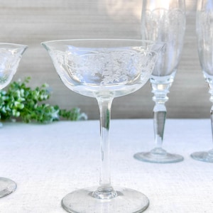 Bohemia Crystal Glass Thistle Champagne Pair Selection Art Deco Vintage Needle Etched