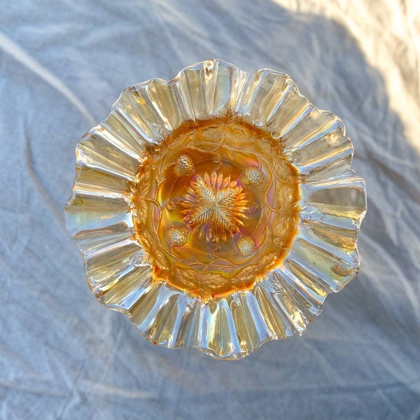 Antique Millersburg Marigold Carnival Glass Bowl Grape Wreath Feathered Leaf