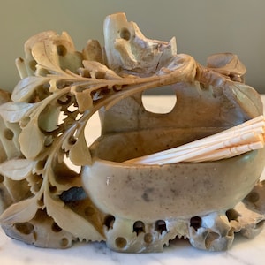 Vintage Carved Alabaster Match or Toothpick Holder- Lovely Asian-Inspired Foliage Design