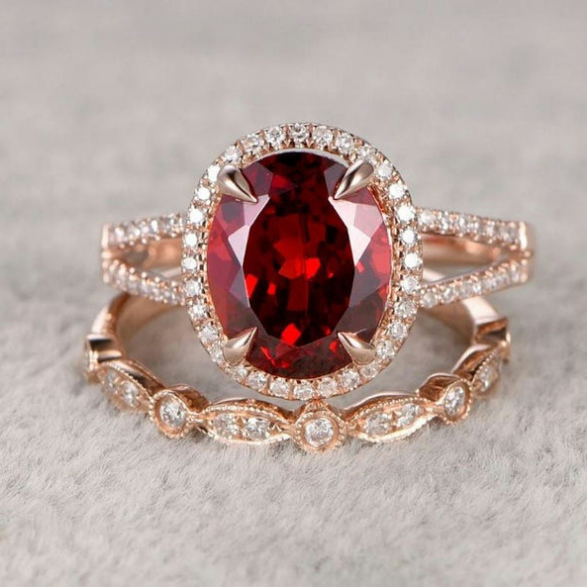Bridal Set Natural Ruby Engagement Ring Vintage Wedding Ring | Etsy