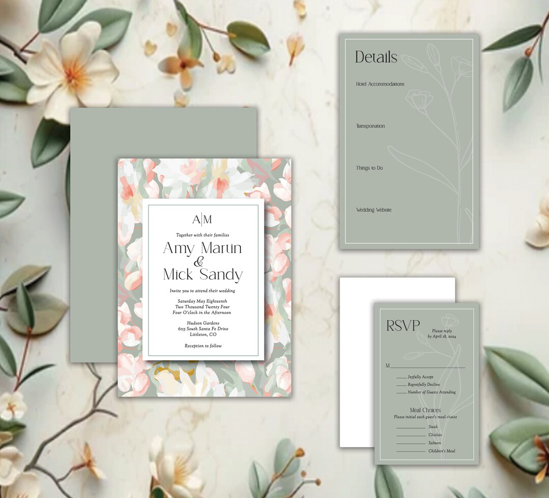 Sage Green Floral Wedding Invitation Suite: Peach & Green - Etsy