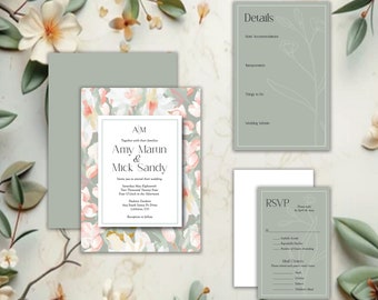 Sage Green Floral Wedding Invitation Suite | Floral Invitation Suite | Peach and Green Floral Invitation Suite | Simple Floral Invitations