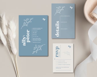 Blue Floral Wedding Invitation Suite: Modern Minimalist Cardstock