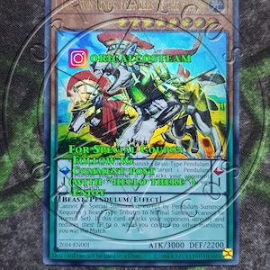 May include: A trading card for the Oricalcosteam monster from the Yu-Gi-Oh! Trading Card Game. The card is a Beast-Type Pendulum monster with an attack power of 3000 and a defense power of 2200. The card has a special coupon offer for a follow on Instagram.