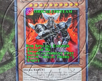 May include: A trading card for the "Oricalcosteam" monster from the Yu-Gi-Oh! Trading Card Game. The card is a dark fiend with a 3000 attack and 2500 defense rating. The card art features a large, armored warrior with a sword and shield.