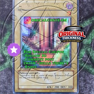 Può includere: Una carta collezionabile intitolata Third Leg of the Forbidden One, con un'illustrazione centrale pixelata, un simbolo di attributo scuro e il testo For Special Coupon, Follow IG, Comment Post with Hello There, and Enjoy stampato sul davanti.